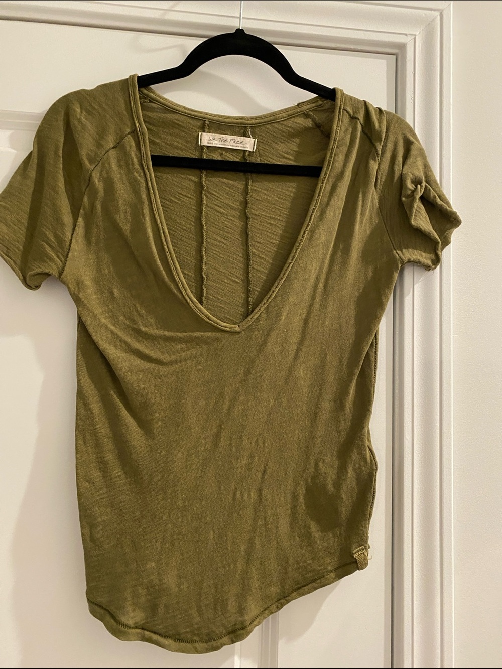 Free People Olive Deep V Short Sleeve Tee with Back Strap Detail